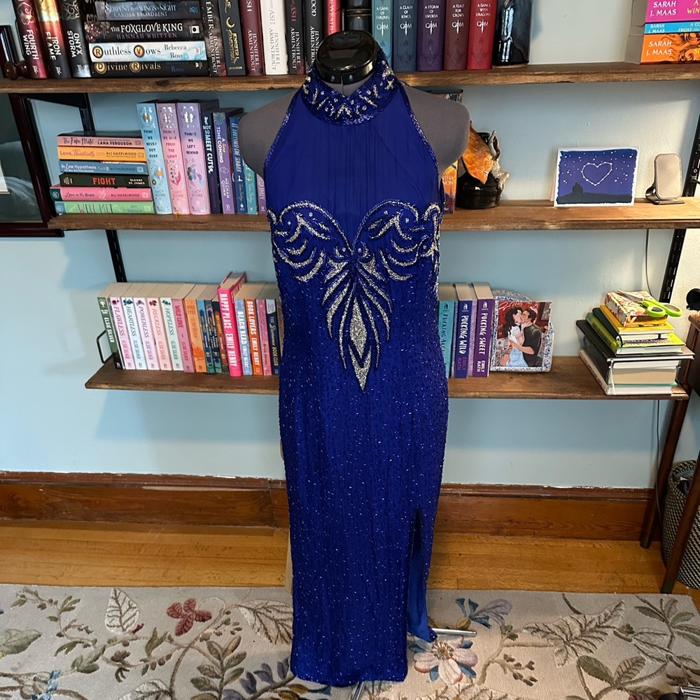 Blue beaded high-neck silk gown